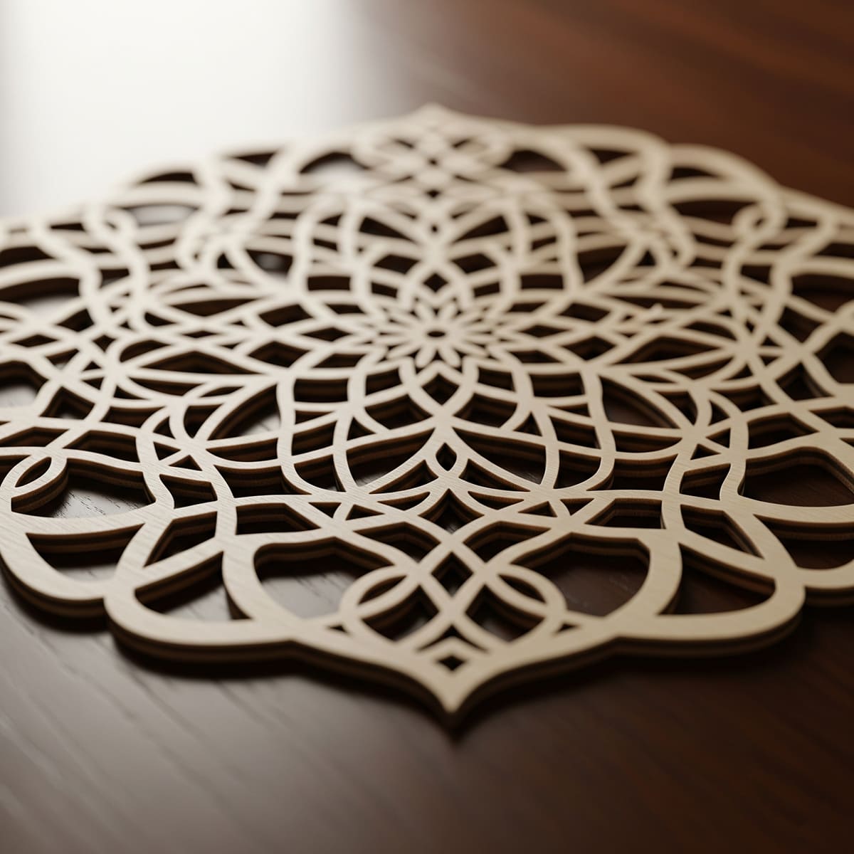 Uma peça de decoração intrincada em madeira, cortada com um CNC router, ideal para decorar ambientes com um toque de arte e precisão.