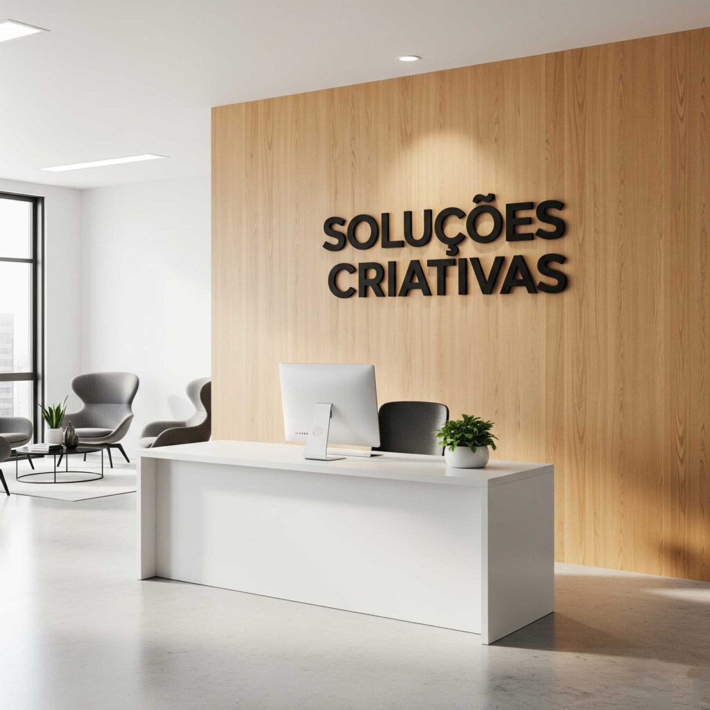 Painel decorativo "SOLUÇÕES CRIATIVAS" em alto relevo na recepção de um escritório, com design moderno.