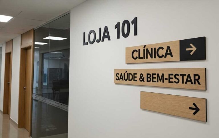 Placas e letras em MDF e acrílico com corte CNC, aplicadas em ambientes comerciais como escritórios e lojas para identificação e branding.